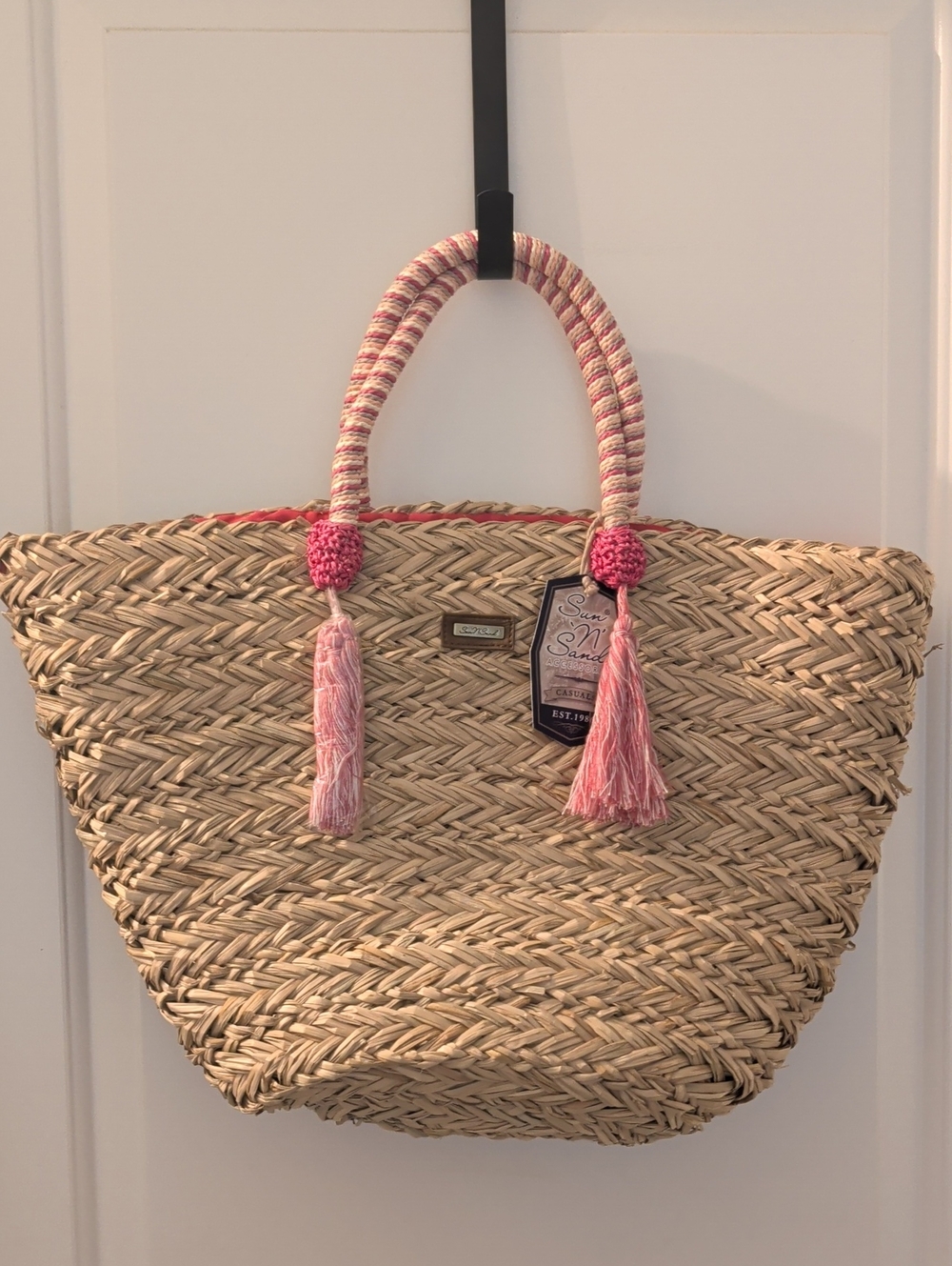 Sun 'n' Sand Pink-Trim Woven Straw Tote Bag With Tassels, Beach Bag Pool Resort